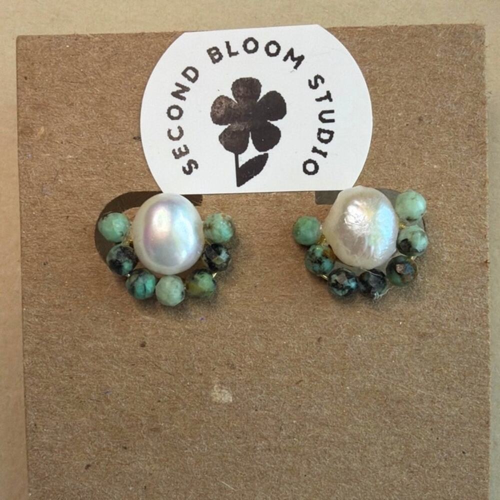 Freshwater Pearl & African Turquoise Artisan Made Studs, Stainless Steel Posts